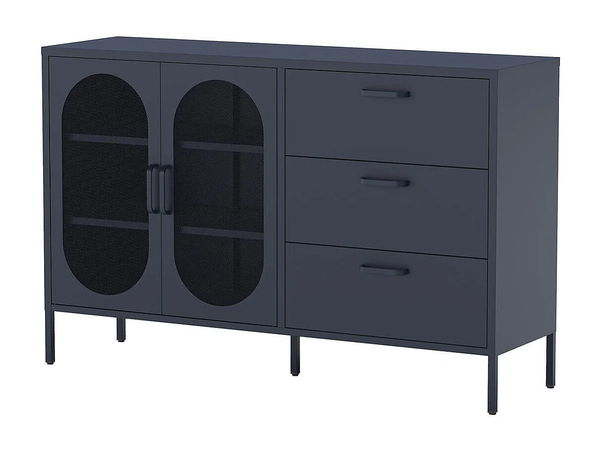 OLIVIA - Buffet 2 Portes Ajourées 3 Tiroirs en Métal Bleu Foncé