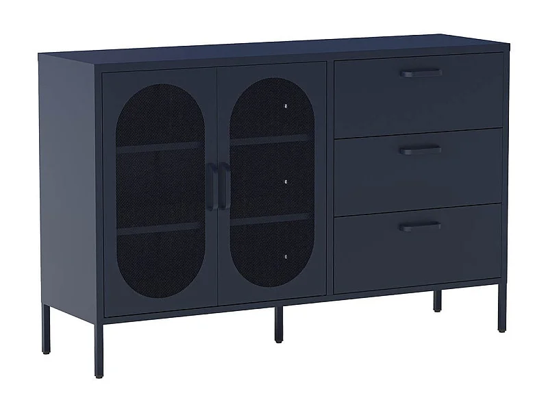 OLIVIA - Buffet 2 Portes Ajourées 3 Tiroirs en Métal Bleu Foncé