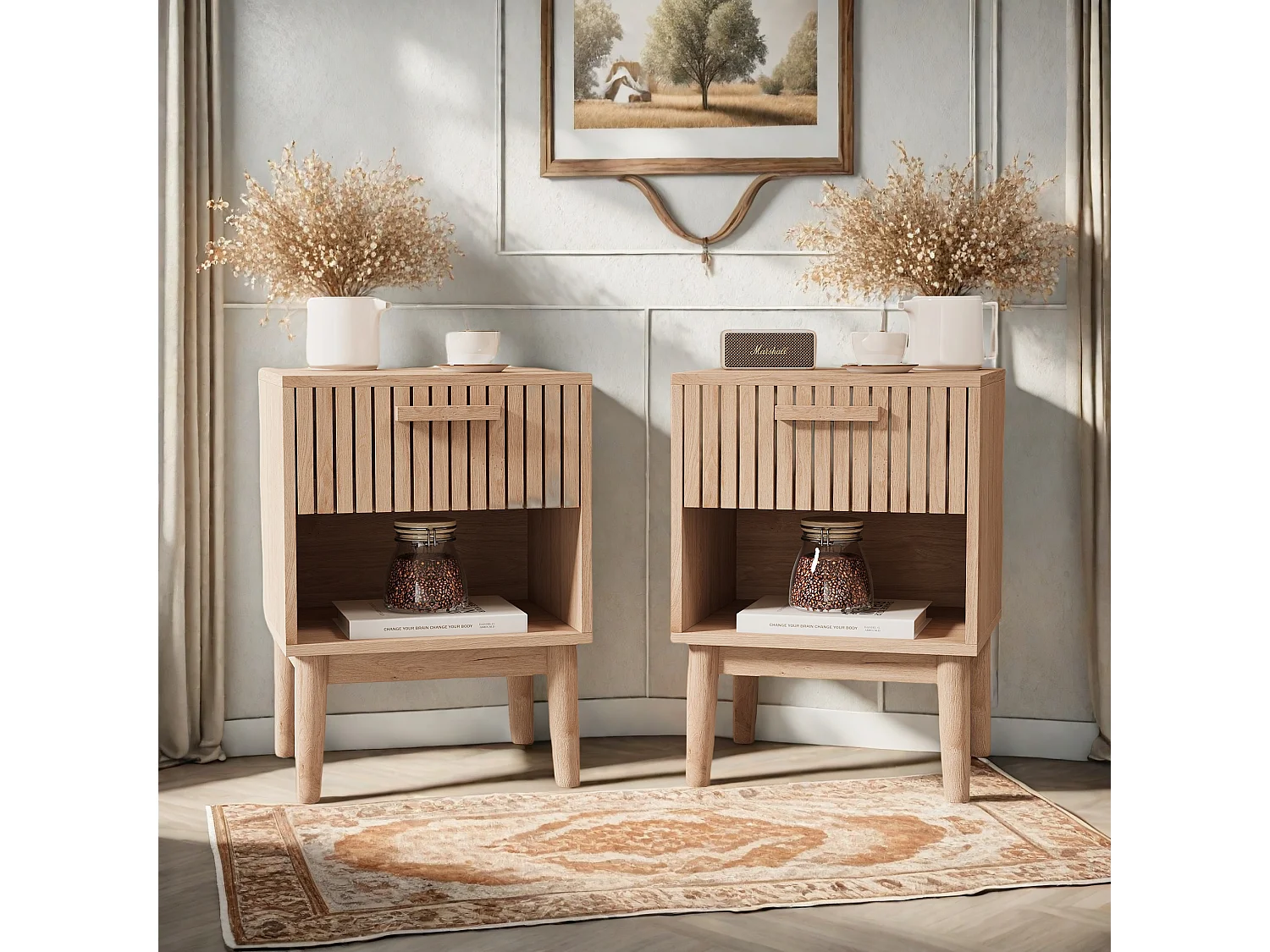 Lot de 2 tables de nuit avec 1 étagère ouverte et 1 tiroir, lot de 2, table de nuit moderne, commode, table de chevet pour chambre à coucher, salon, bois