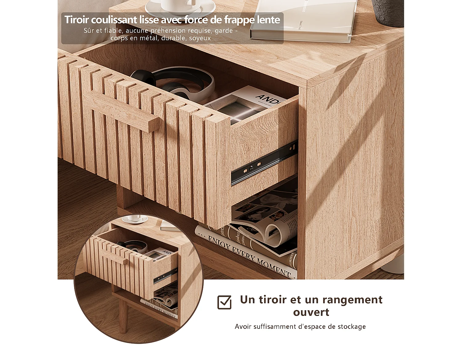 Lot de 2 tables de nuit avec 1 étagère ouverte et 1 tiroir, lot de 2, table de nuit moderne, commode, table de chevet pour chambre à coucher, salon, bois