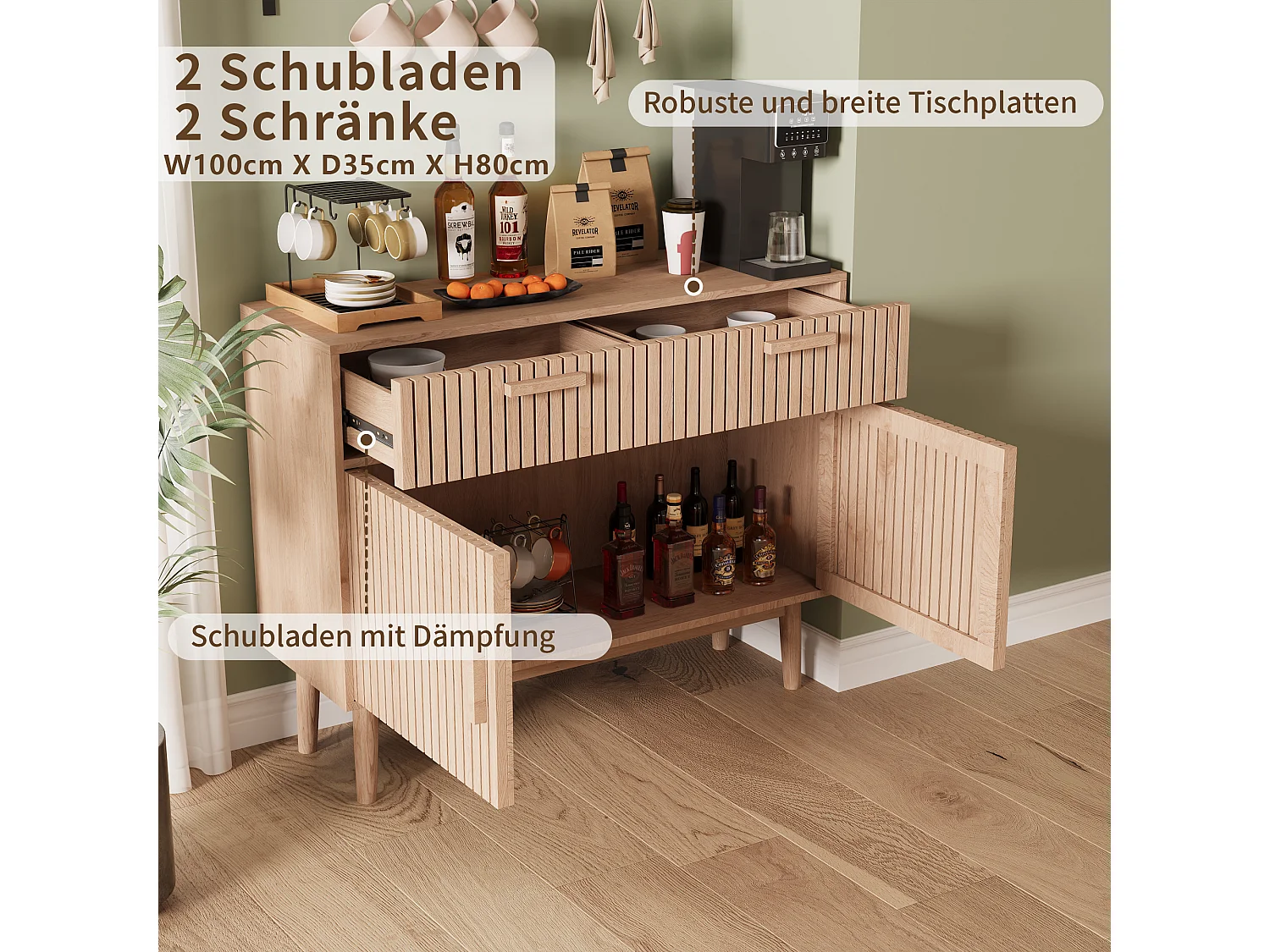 Buffet, armoire de rangement, commode, bahut pour salon, cuisine avec 2 portes et 2 tiroirs - 100 x 35 x 80 cm