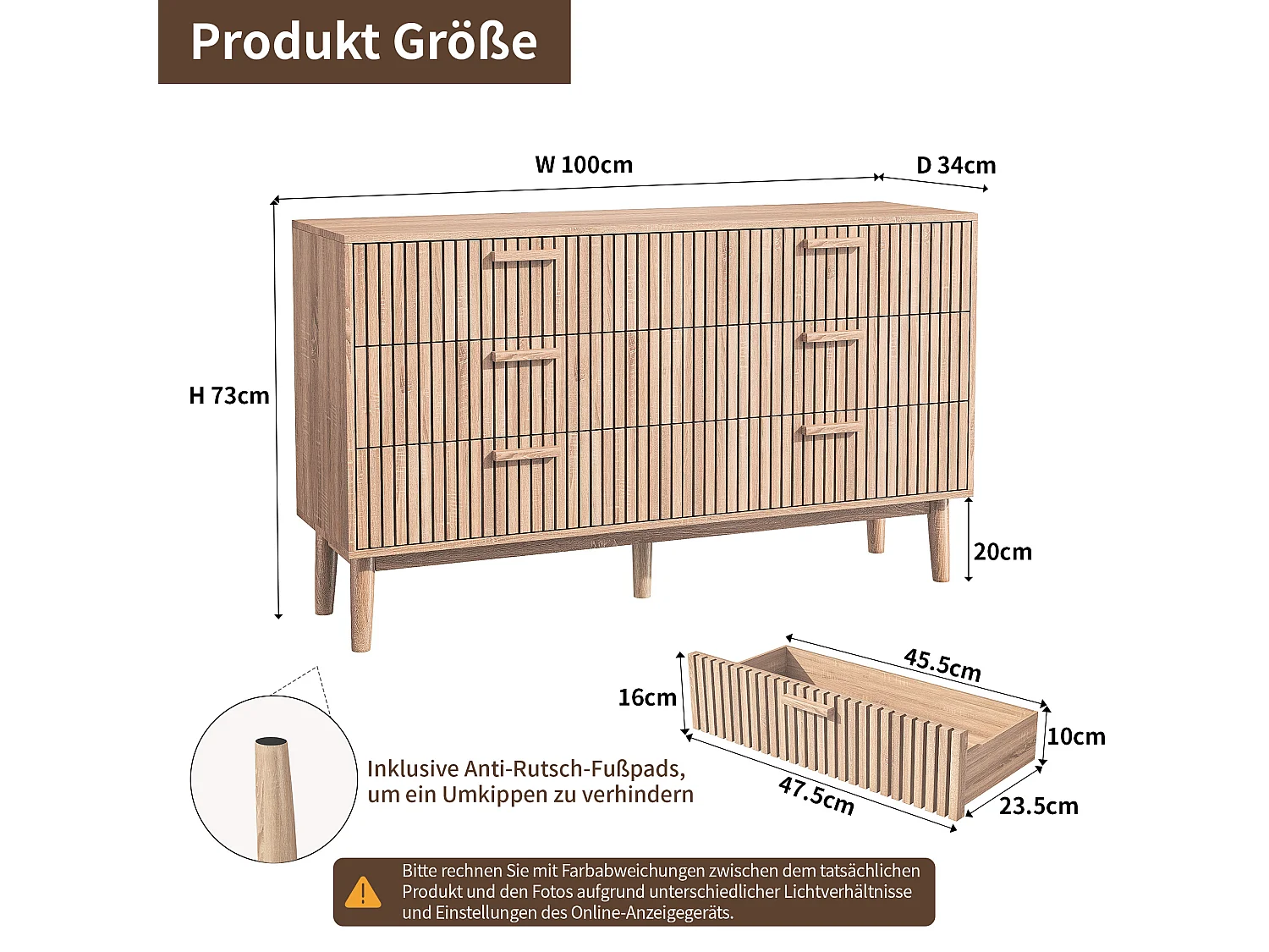 Armoire avec 6 tiroirs, 100 x 34 x 73 cm Convient au salon, à la chambre à coucher, à la cuisine
