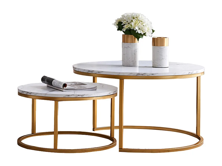 Table basse ronde en marbre blanc et or - Table de salon ronde Lot de 2 pour salon - Diamètre 80 cm Diamètre 60 cm