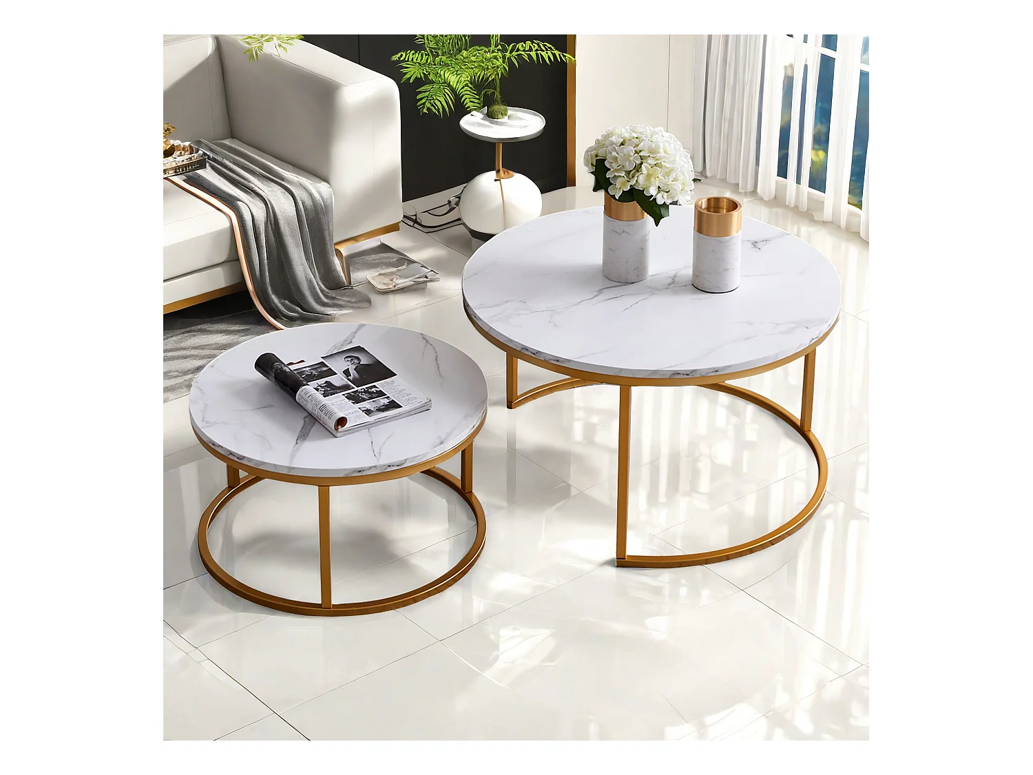 Table basse ronde en marbre blanc et or - Table de salon ronde Lot de 2 pour salon - Diamètre 80 cm Diamètre 60 cm