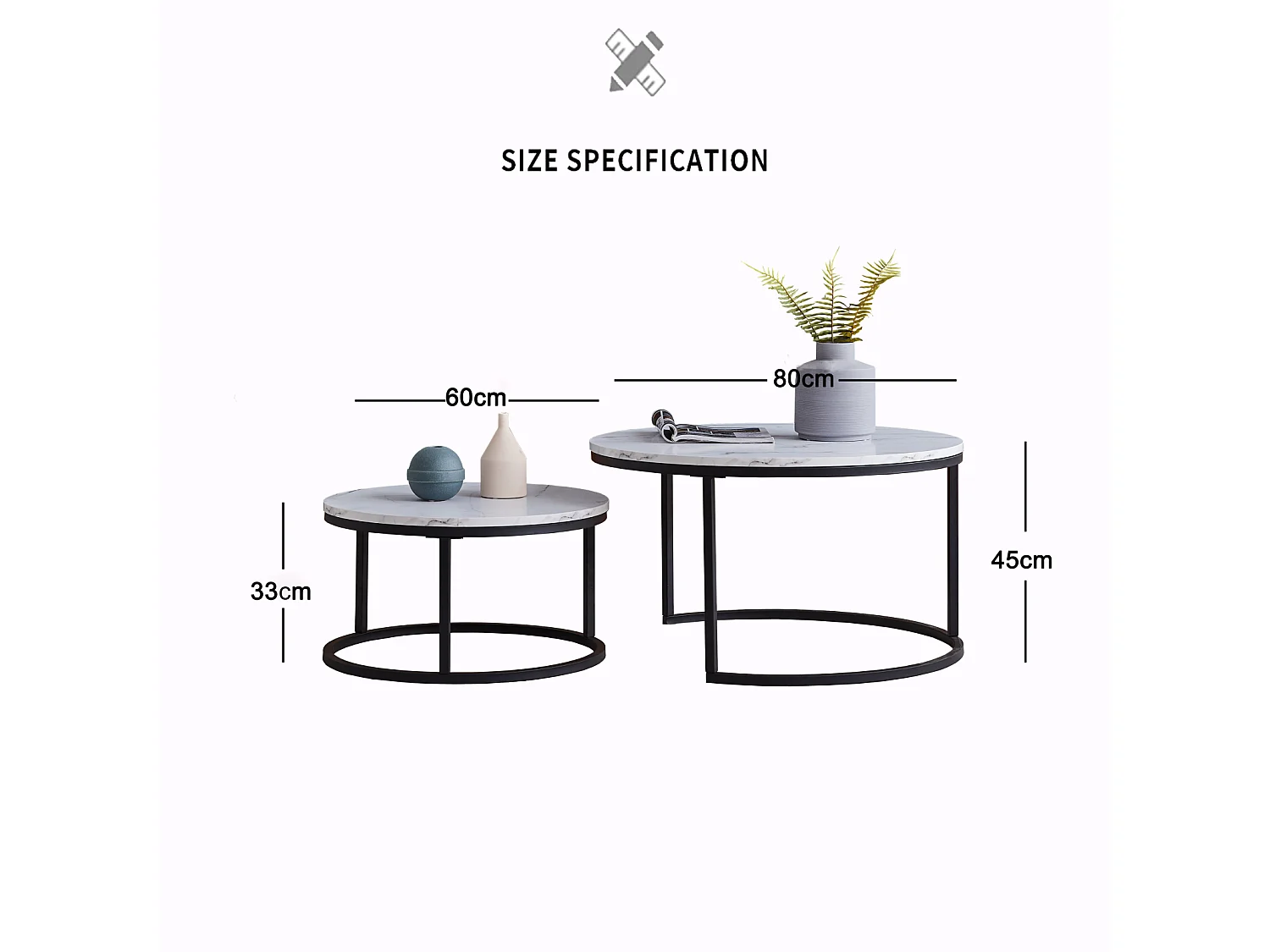 Table basse ronde moderne, lot de 2, tables gigognes, support en métal étanche et motif en marbre, pour le salon, le balcon, le bureau