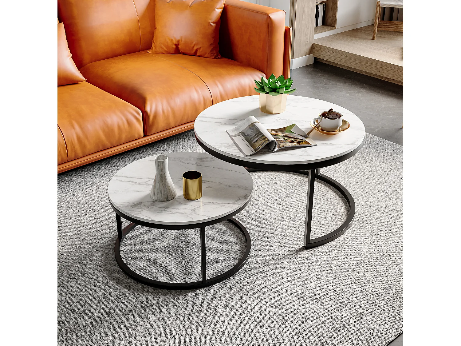 Table basse ronde moderne, lot de 2, tables gigognes, support en métal étanche et motif en marbre, pour le salon, le balcon, le bureau