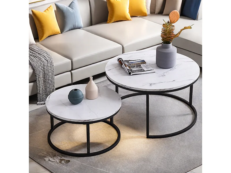 Table basse ronde moderne, lot de 2, tables gigognes, support en métal étanche et motif en marbre, pour le salon, le balcon, le bureau