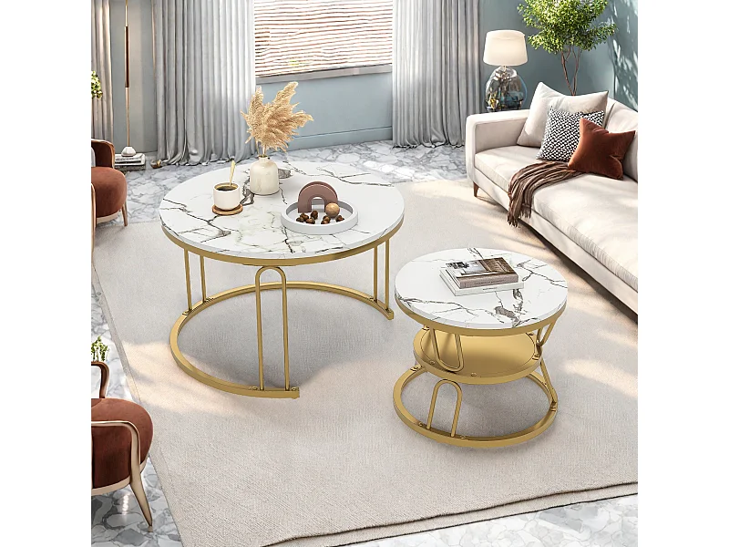 Lot de 2 tables basses rondes, table basse moderne avec pieds en métal et plateau en marbre blanc pour salon, bureau, balcon, appartement