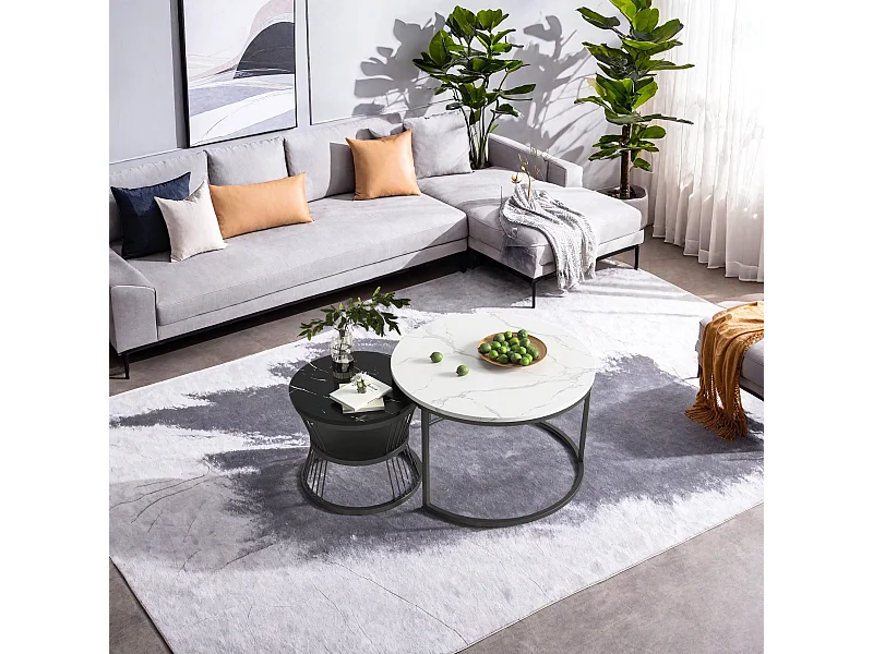 Table basse ronde, lot de 2, table d'appoint moderne, table basse gigogne avec cadre en métal, tables de canapé pour le salon, le balcon, le bureau, noir et blanc