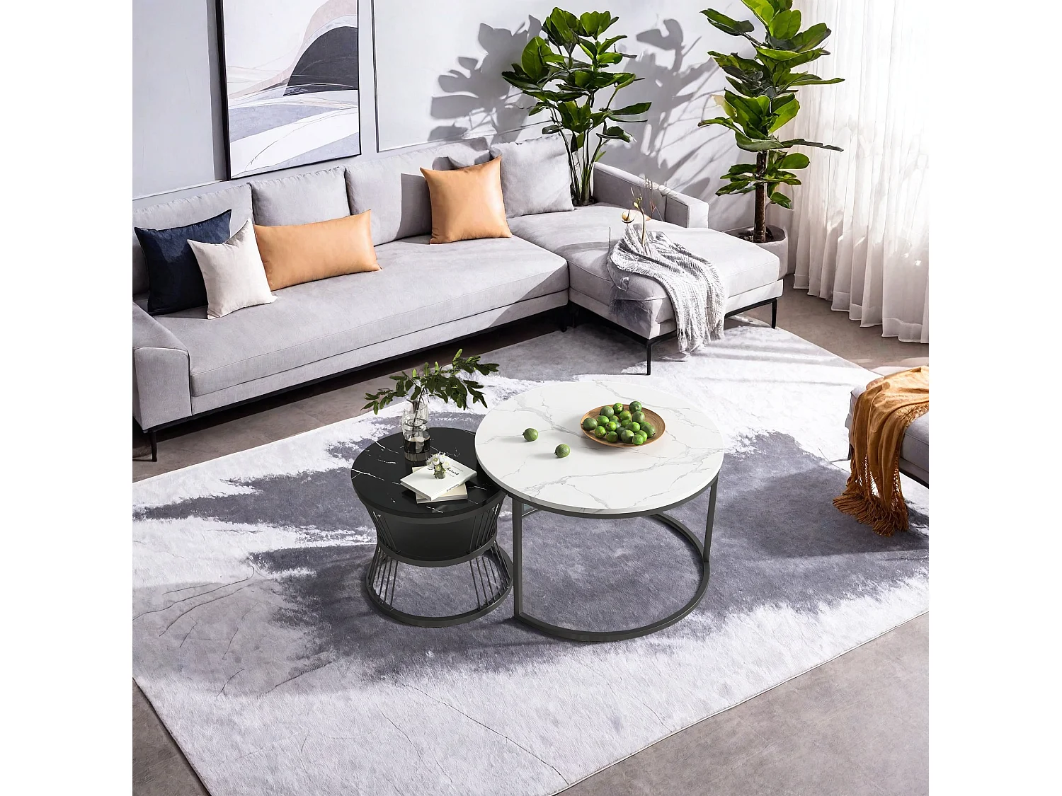 Table basse ronde, lot de 2, table d'appoint moderne, table basse gigogne avec cadre en métal, tables de canapé pour le salon, le balcon, le bureau, noir et blanc