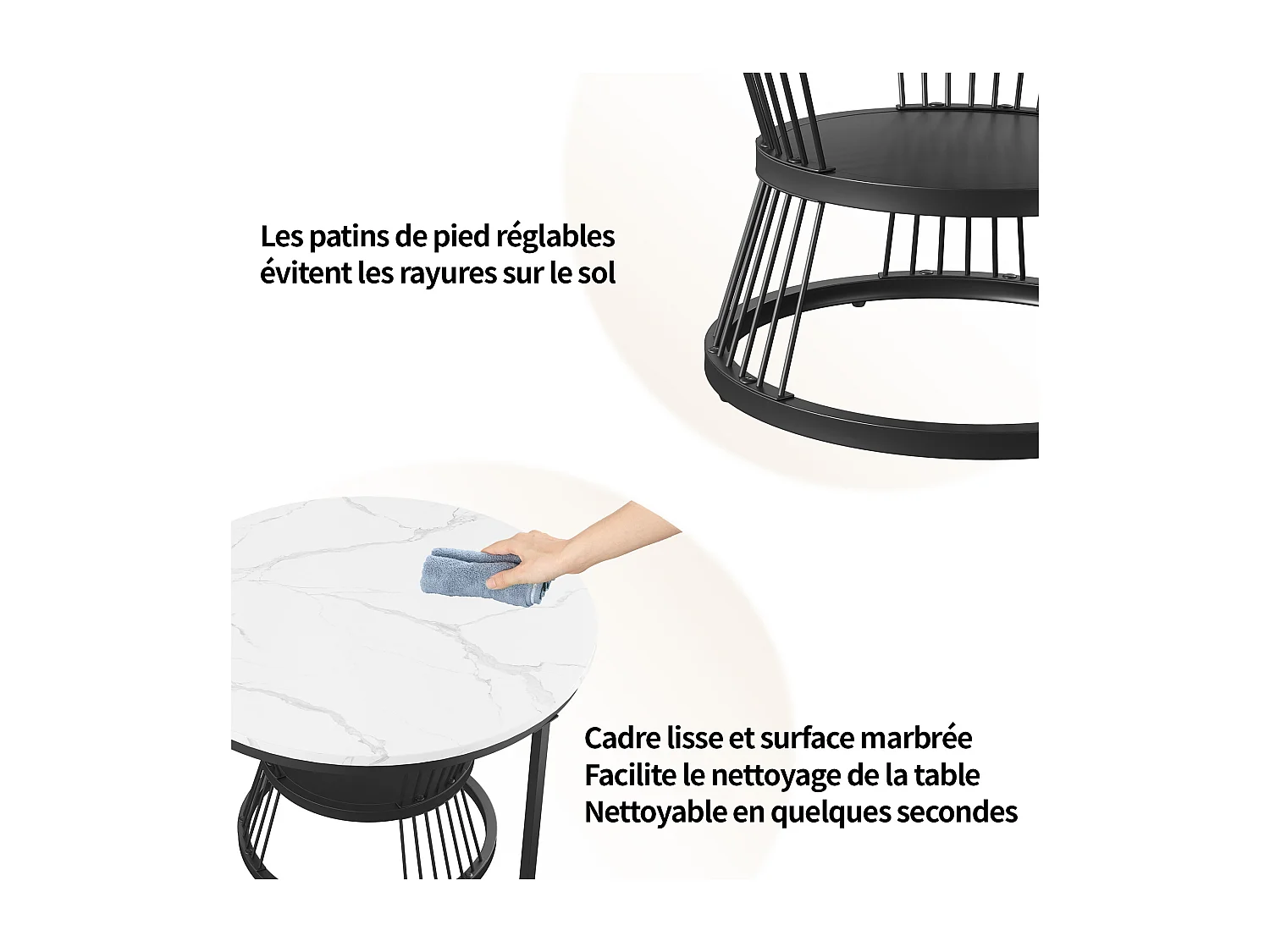 Table basse ronde, lot de 2, table d'appoint moderne, table basse gigogne avec cadre en métal, tables de canapé pour le salon, le balcon, le bureau, noir et blanc
