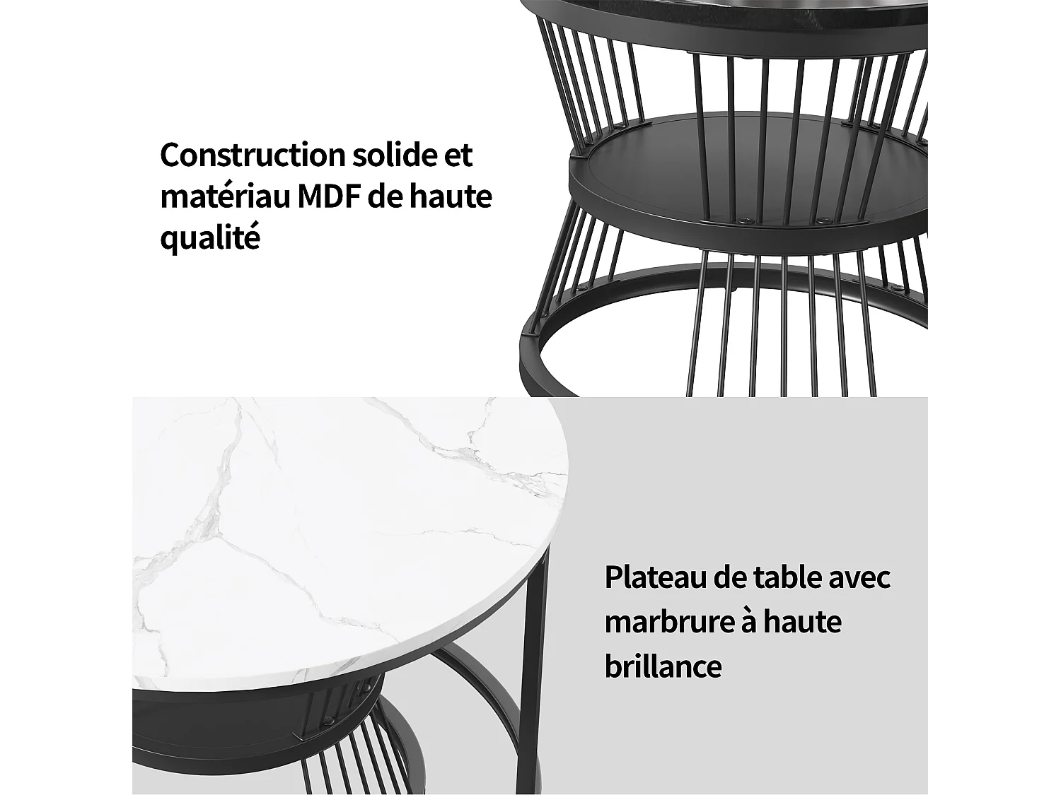 Table basse ronde, lot de 2, table d'appoint moderne, table basse gigogne avec cadre en métal, tables de canapé pour le salon, le balcon, le bureau, noir et blanc
