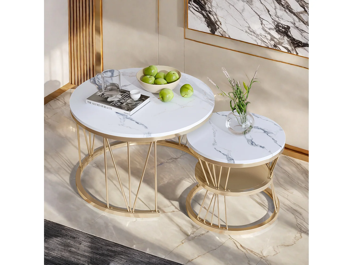 Ensemble de 2 tables basses gigognes blanches, cadre doré, tables rondes, table d'appoint pour salon ou chambre, 70 x 45 cm, 45 x 40 cm