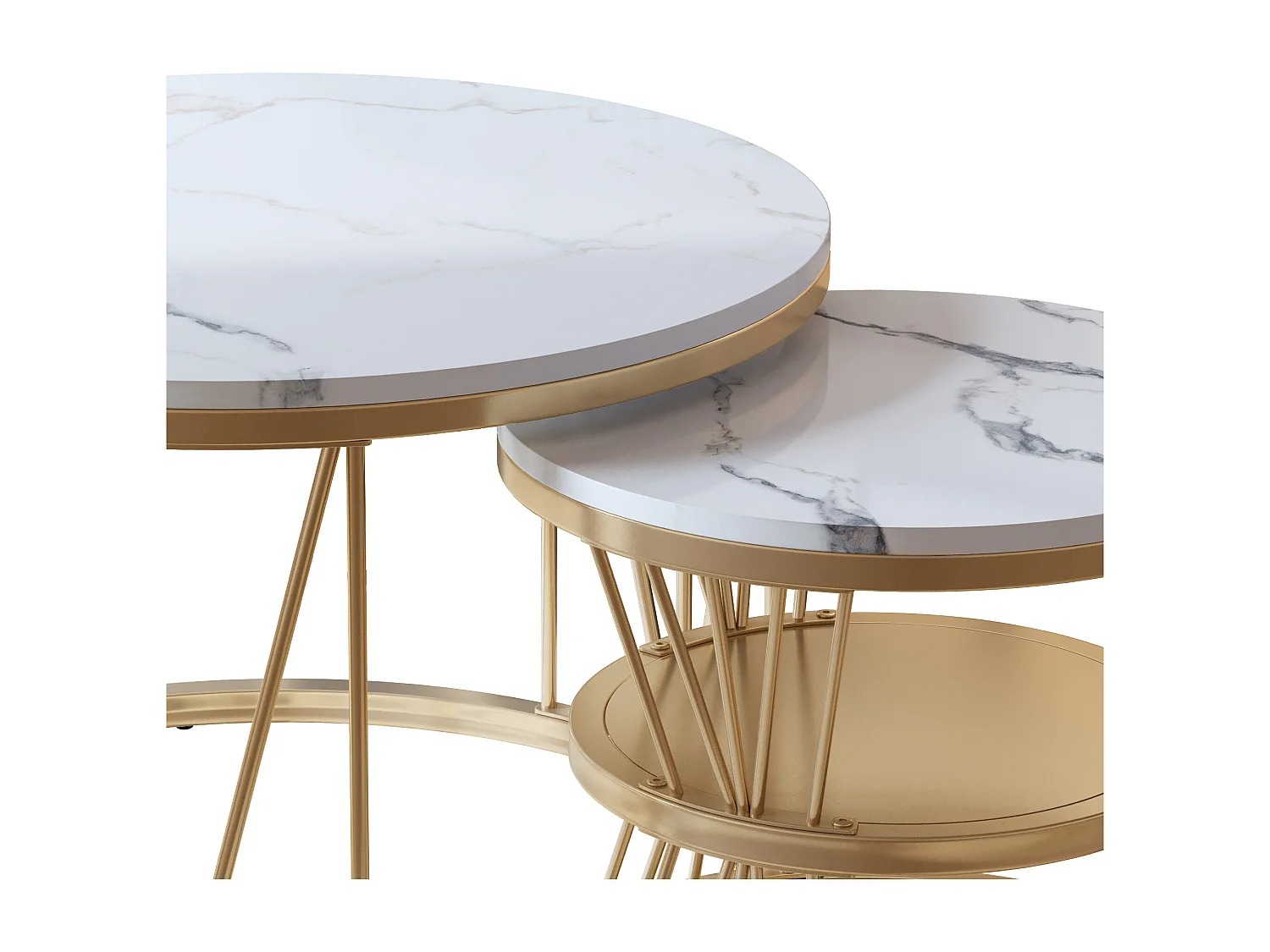 Ensemble de 2 tables basses gigognes blanches, cadre doré, tables rondes, table d'appoint pour salon ou chambre, 70 x 45 cm, 45 x 40 cm