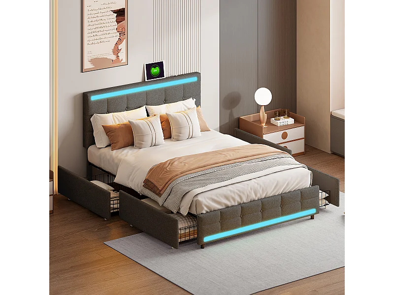 Lit rembourré 140*200cm avec 4 tiroirs avec tête de lit, lit de rangement avec sommier à lattes en bois avec dossier, sans matelas