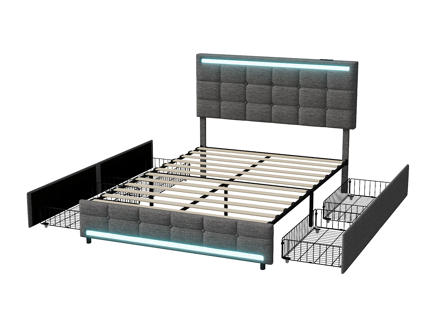 Lit rembourré 140*200cm avec 4 tiroirs avec tête de lit, lit de rangement avec sommier à lattes en bois avec dossier, sans matelas