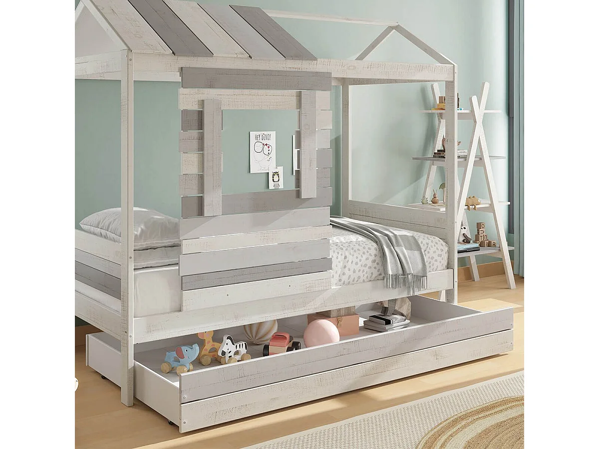 ROSALIA - Lit Cabane 90 x200 cm Bois Aspect Vieilli Blanc et Grisé