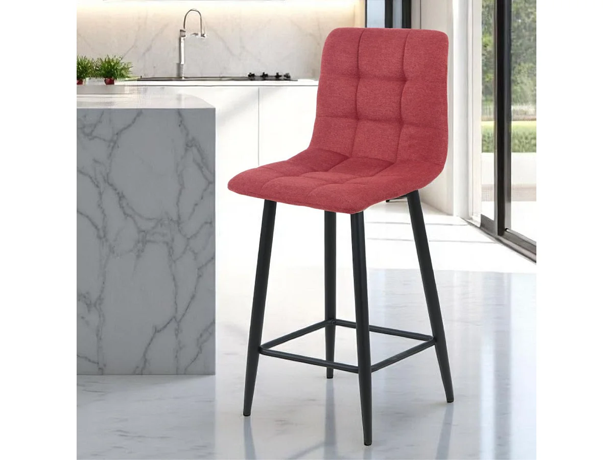 ERNEST - Lot de 2 Tabourets de bar  Tissu Gris Pieds Métal Rouge