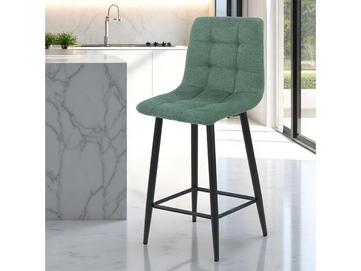 ERNEST - Lot de 2 Tabourets de bar Tissu Gris Pieds Métal Vert