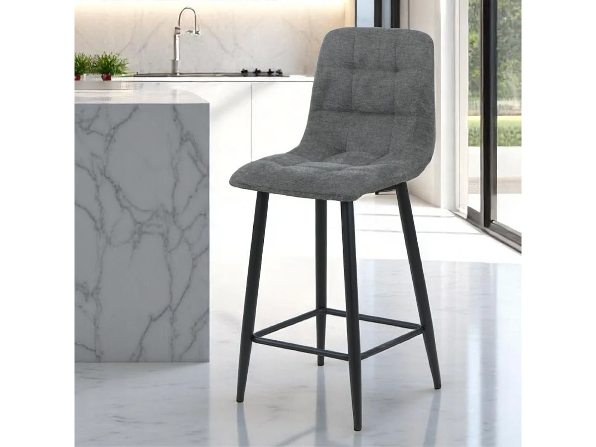 ERNEST - Lot de 2 Tabourets de bar Tissu Gris Pieds Métal Gris Anthracite