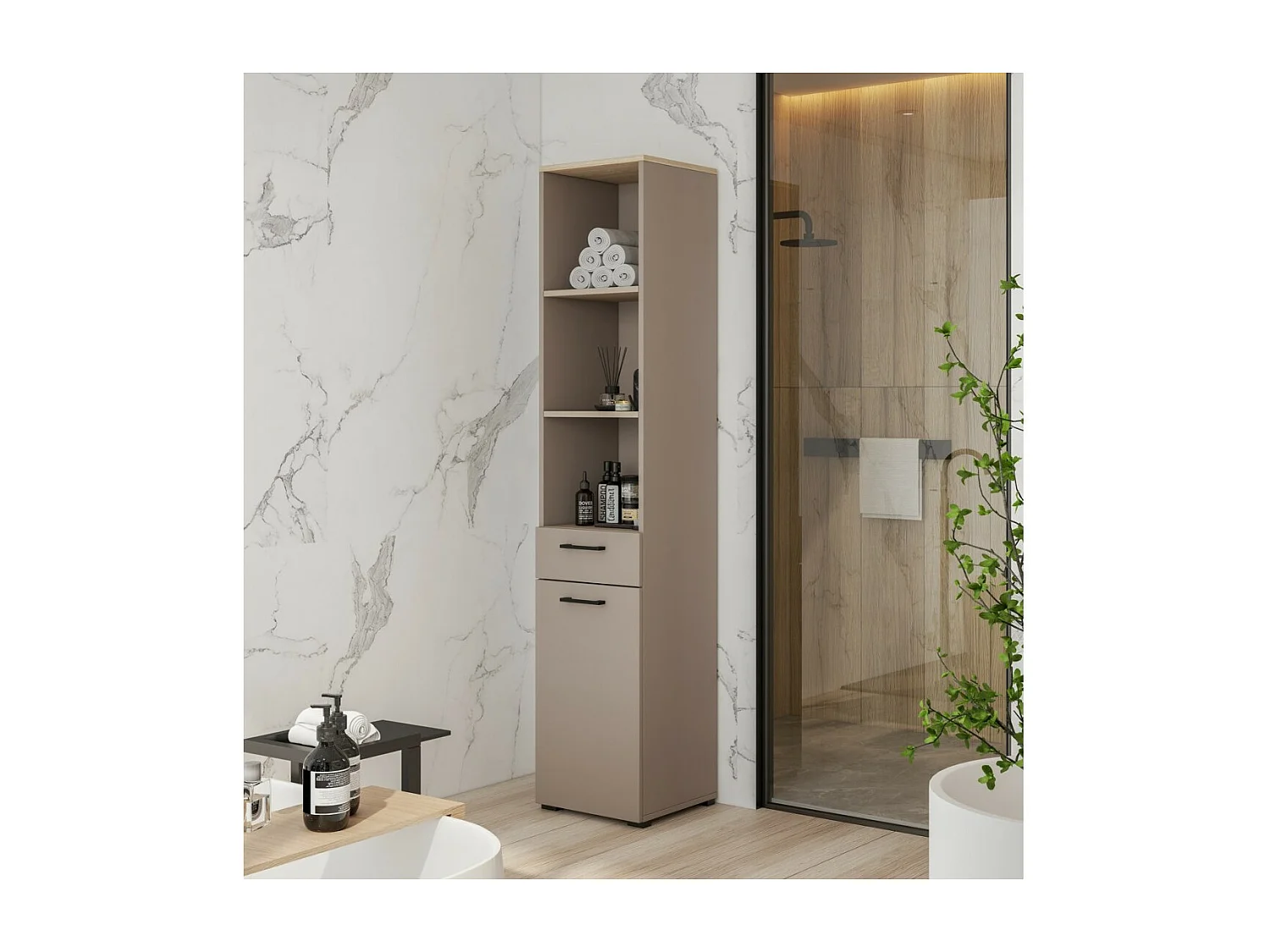 Mobile alto da collezione WASHING – 1 cassetto, 1 porta e 1 cesto – Colore taupe e quercia