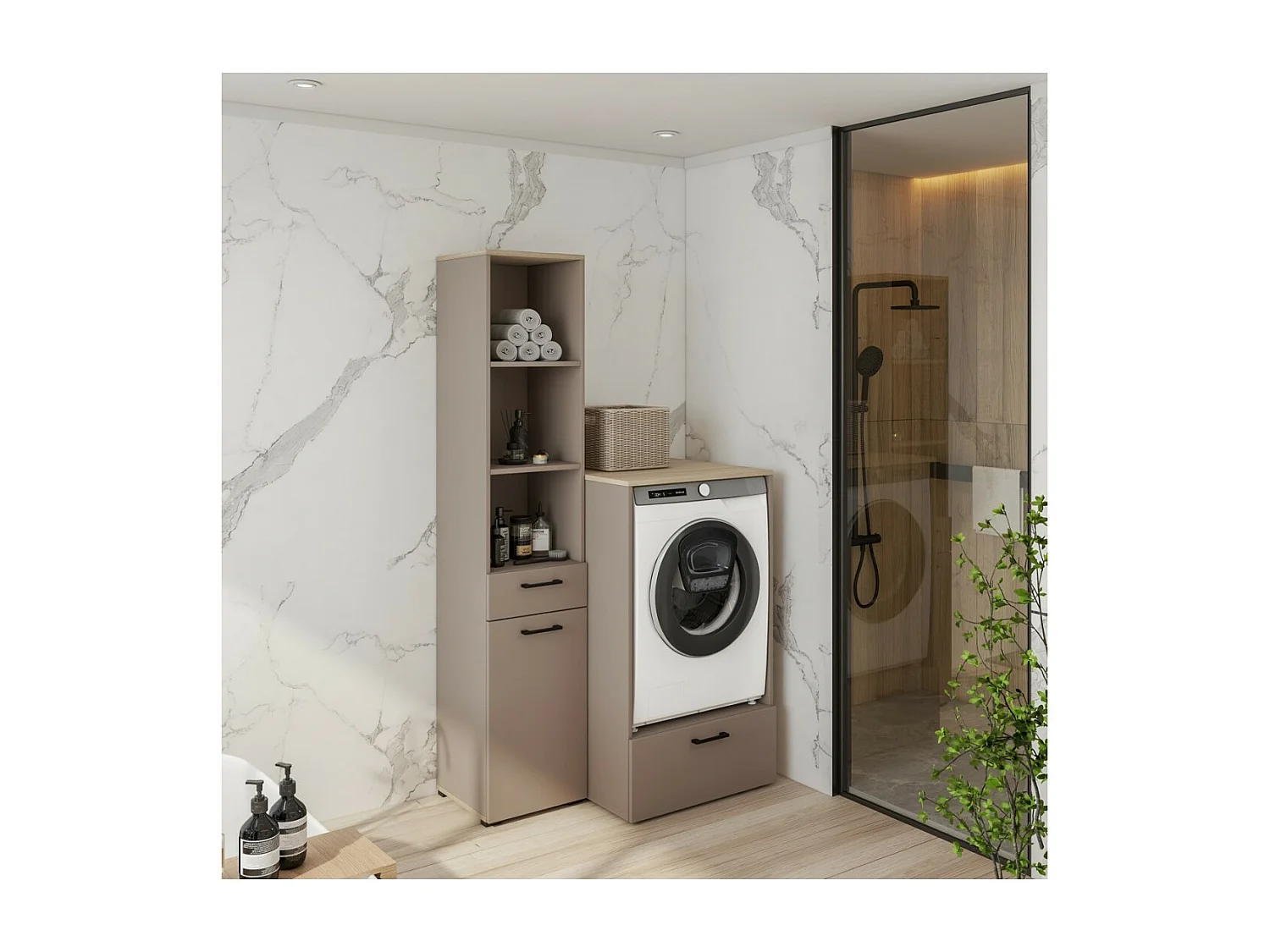 Mueble alto de almacenamiento colección WASHING - 1 cajón, 1 puerta y 1 cesta - Color topo y roble