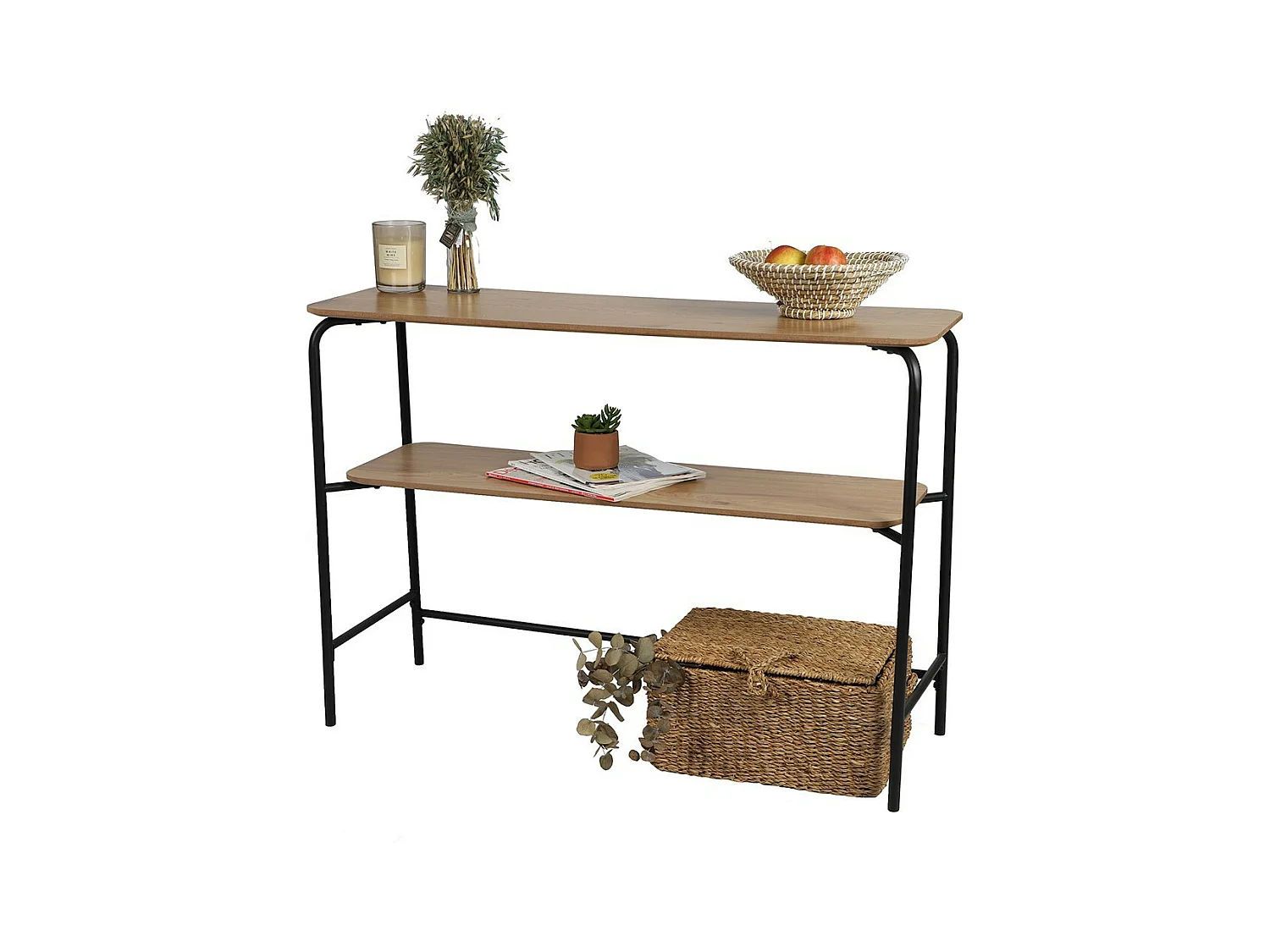 Console style industriel collection PAGNOL. Coloris chêne clair, structure robuste en métal noir.