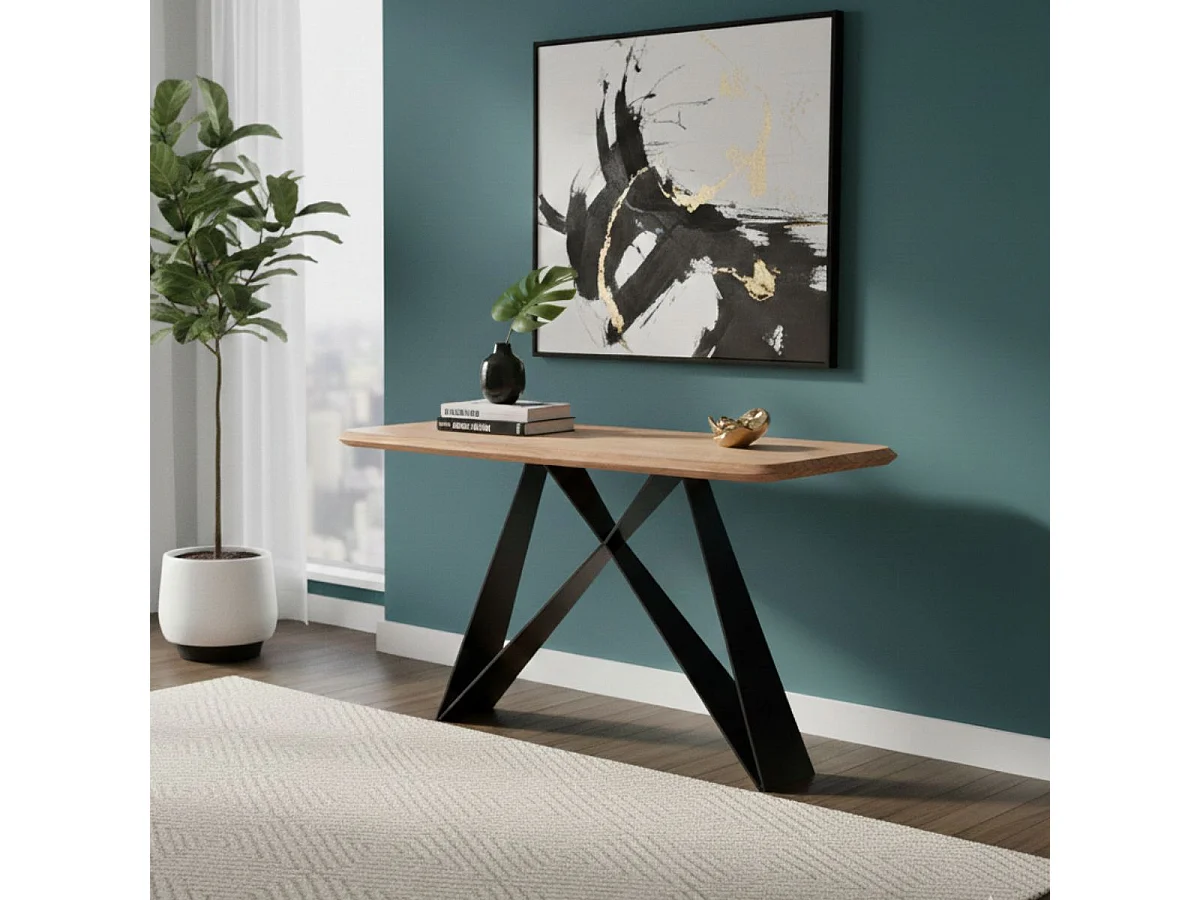 MYLONIS - Console Plateau en Acacia Massif Pieds Métal Noir Forme Papillon