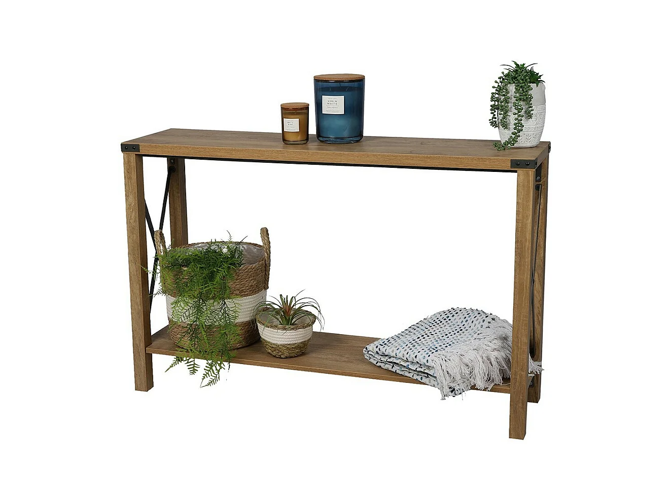 Console style industriel collection BELVINA. Coloris chêne, structure robuste en métal noir.