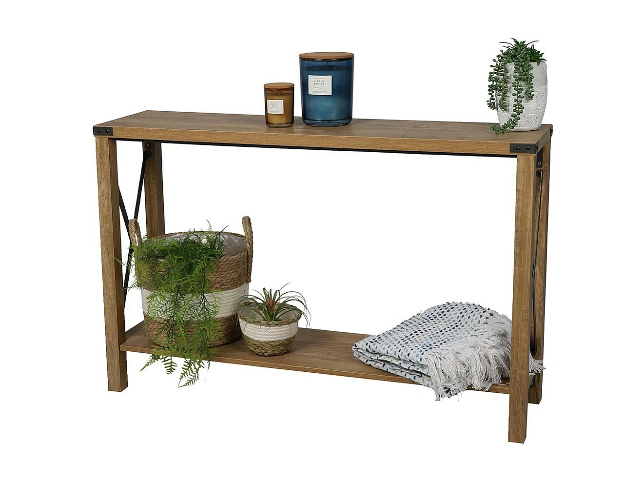Industriële stijl console uit de BELVINA collectie. Kleur eiken, robuuste structuur in zwart metaal.