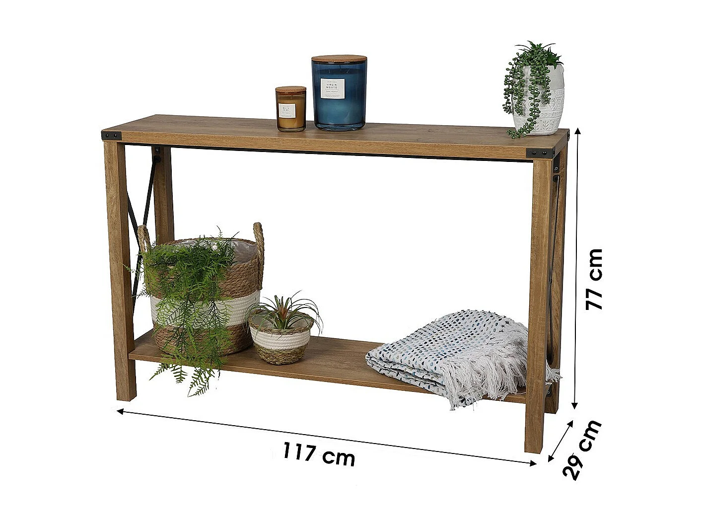 Industriële stijl console uit de BELVINA collectie. Kleur eiken, robuuste structuur in zwart metaal.