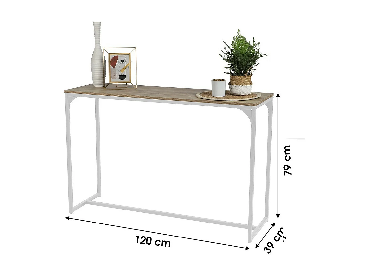 Industriële stijl console uit de PUEBLO collectie. Eikenkleur, stevige wit metalen structuur.