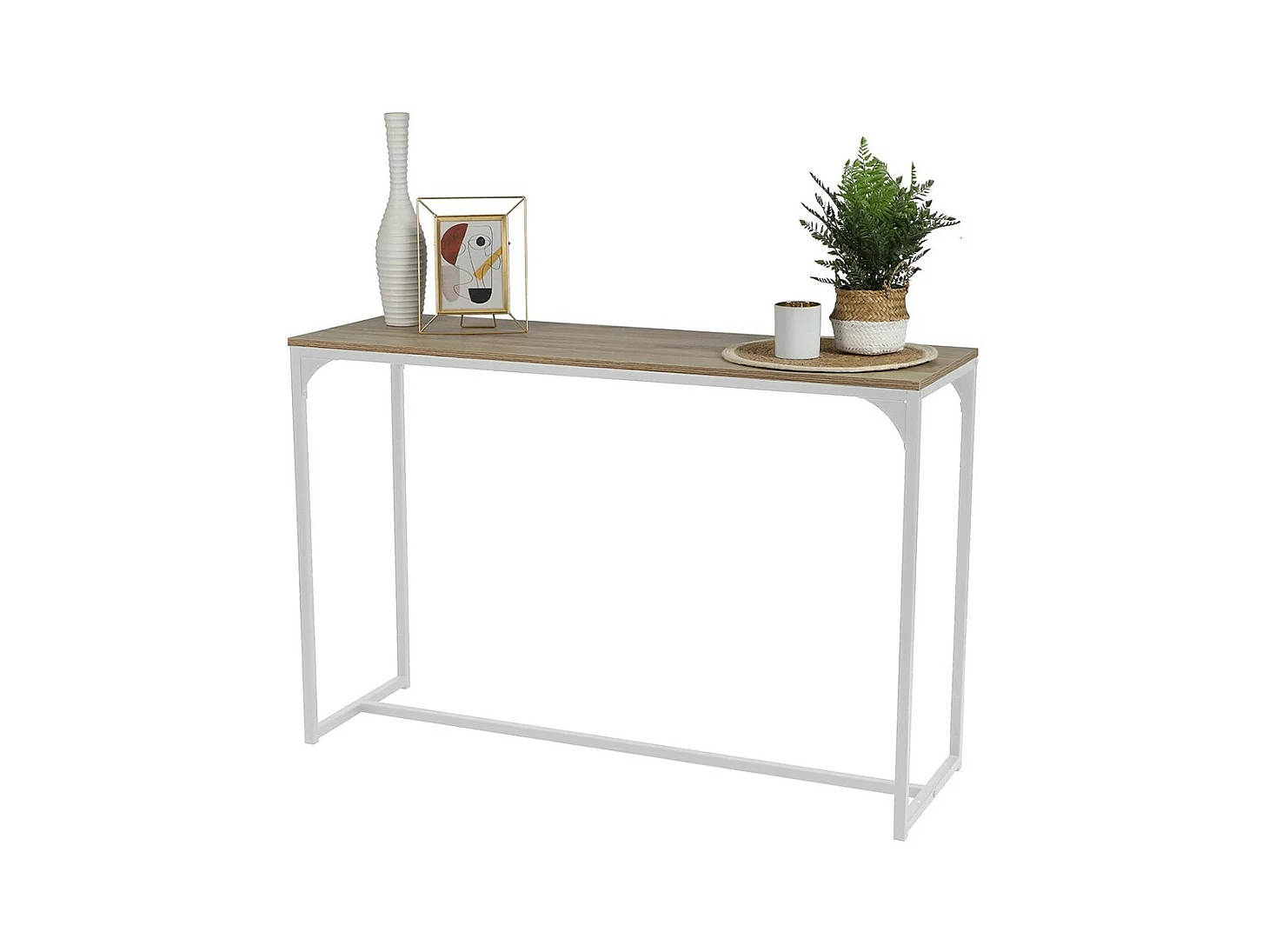 Console style industriel collection PUEBLO. Coloris chêne, structure robuste en métal blanc.