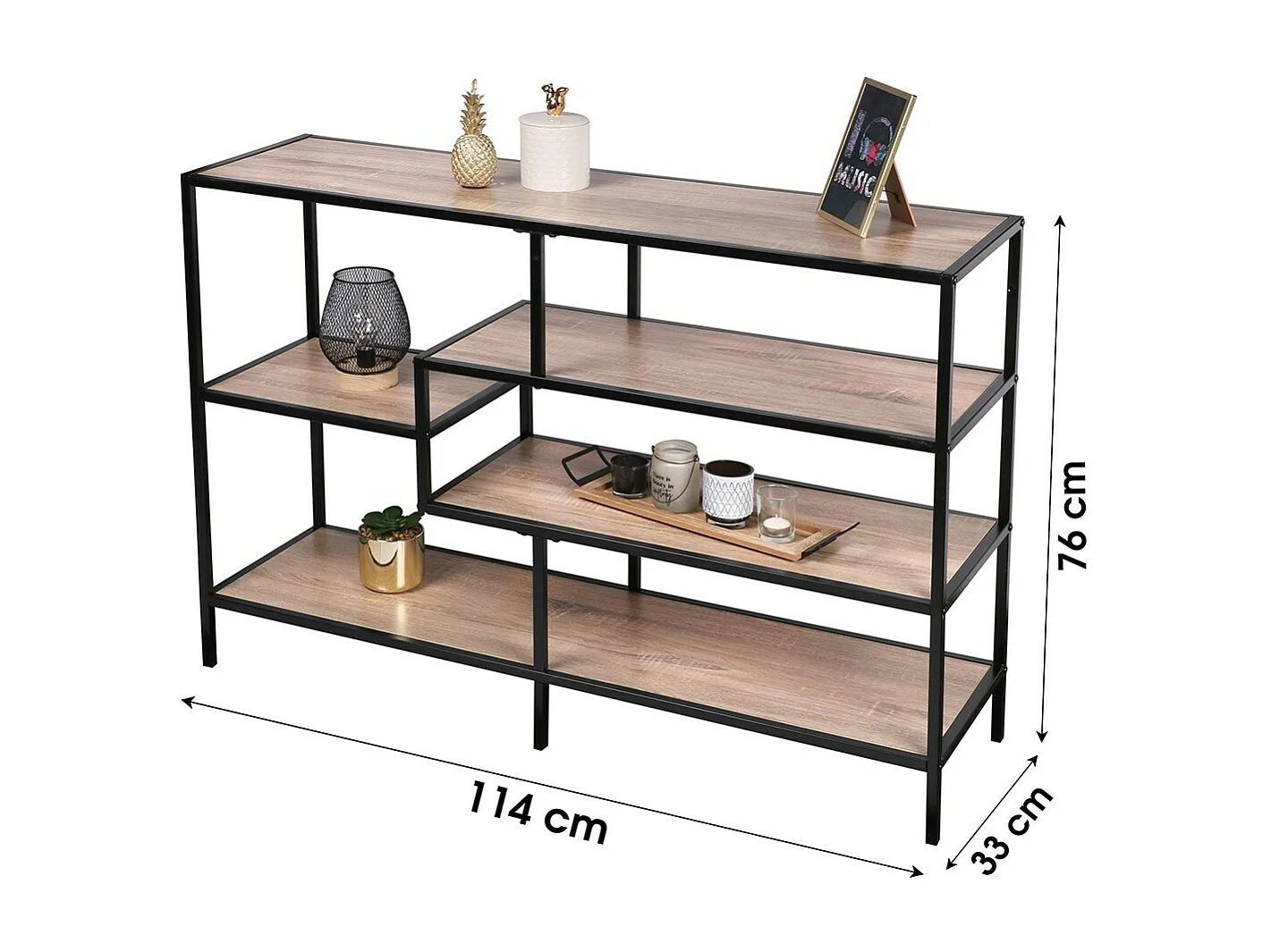 Industriële stijl HOLBORN collectie entreeconsole. Eiken- en zwarte kleur. 5 planken