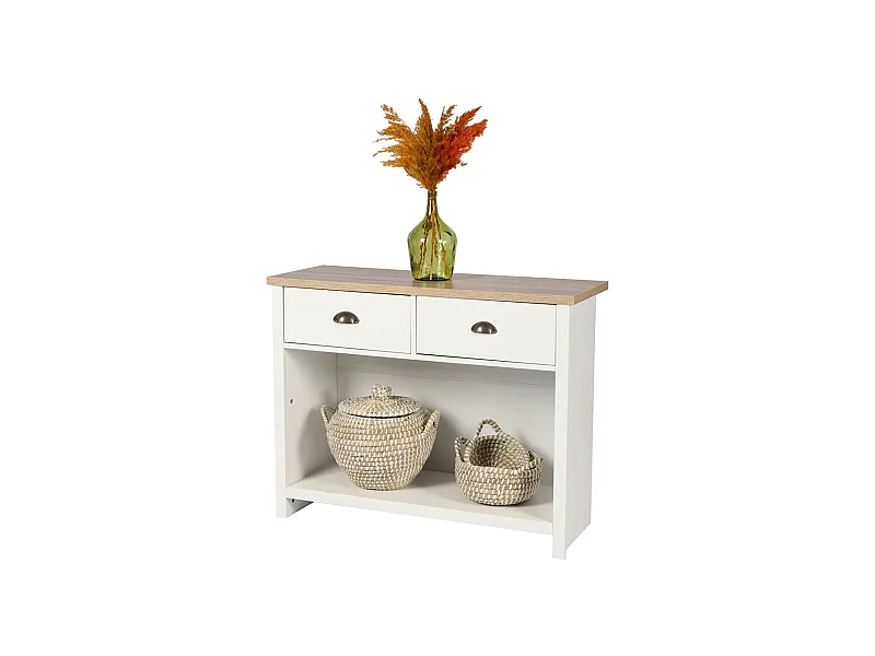 Console avec 1 étagère et 2 tiroirs design colonial – 97x35xH76 cm, coloris blanc et plateau chêne clair – Collection MADERA