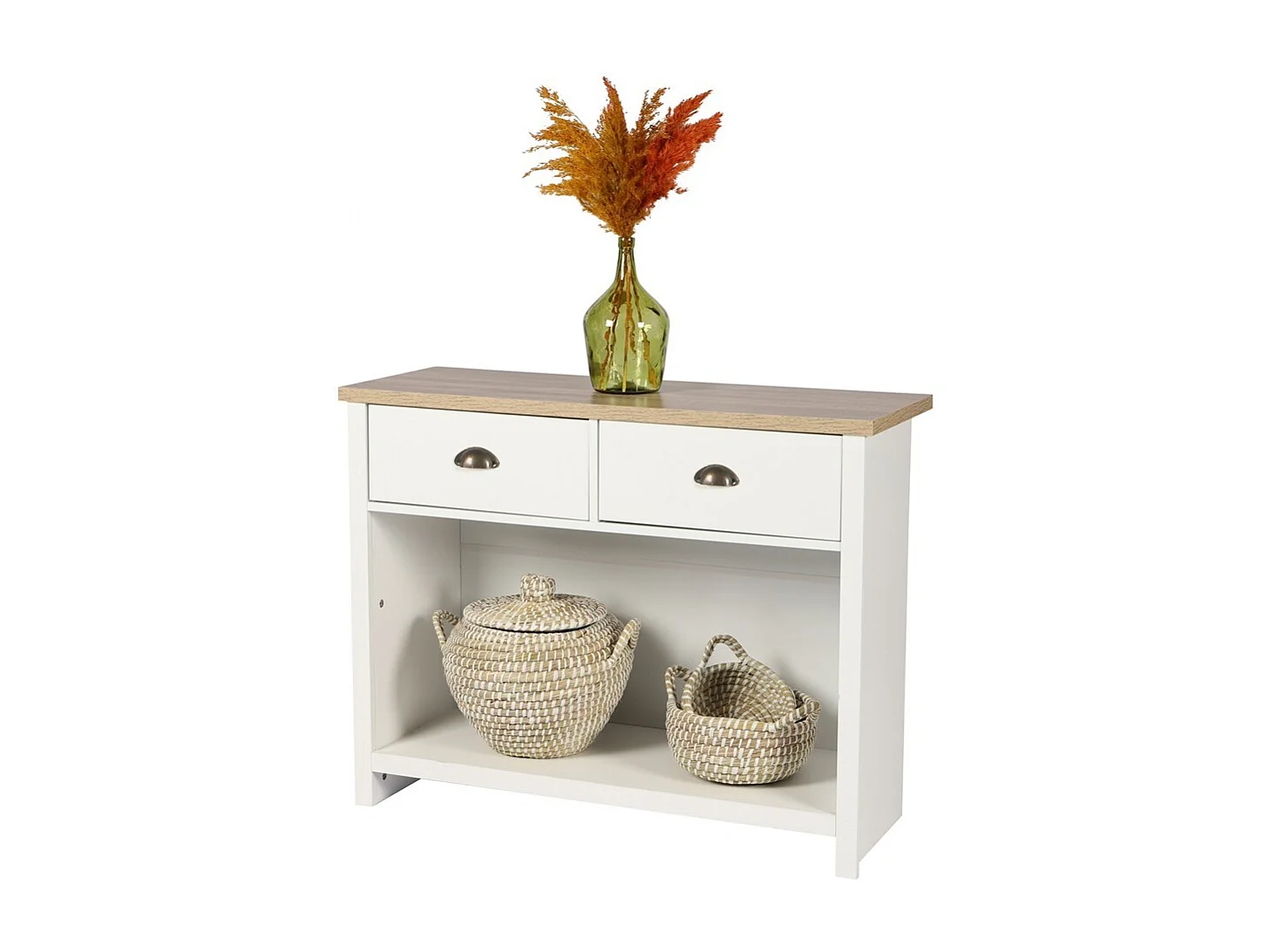 Consola con 1 estante y 2 cajones de diseño colonial - 97x35xH76 cm, color blanco y tapa de roble claro - Colección MADERA