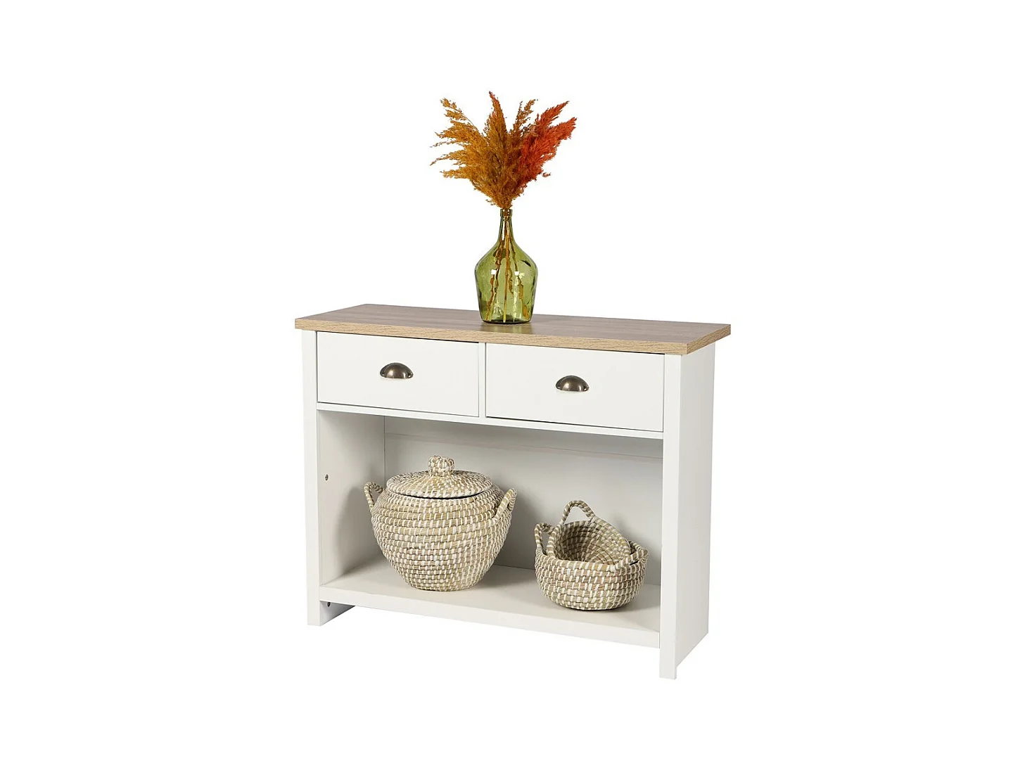 Konsole mit 1 Ablage und 2 Schubladen im Kolonialstil – 97x35xH76 cm, Farbe Weiß und helle Eichenplatte – Kollektion MADERA