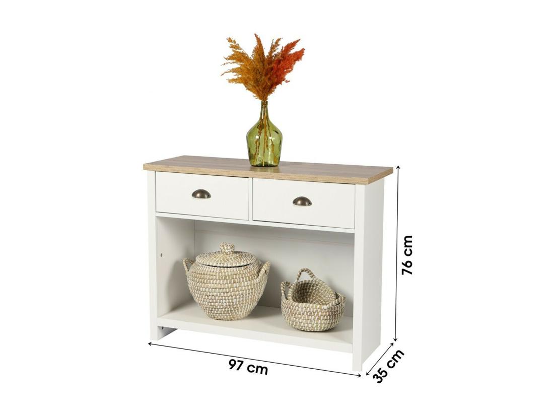 vente unique Console avec 1 étagère et 2 tiroirs design colonial – 97x35xH76 cm coloris blanc et plateau chêne clair – Collection MADERA
