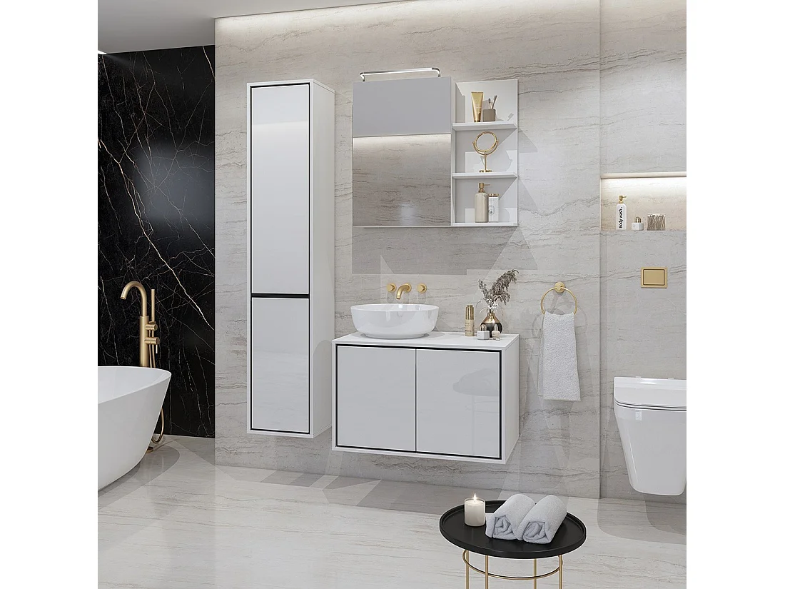 Meuble sous vasque de salle de bain 80cm avec 2 portes collection GOBI coloris blanc et noir.