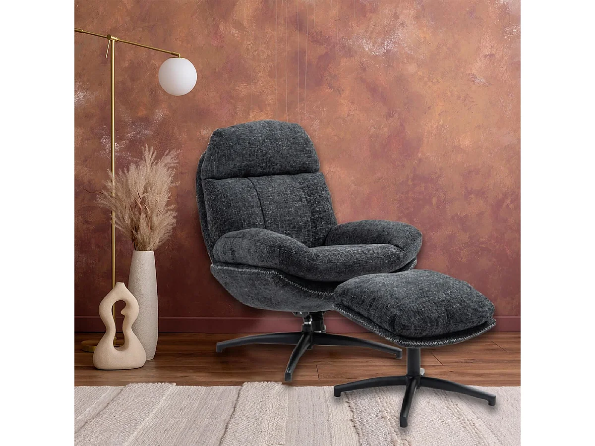 LOAM - Fauteuil Pivotant Inclinaison Réglable avec Repose Pieds Tissu Gris