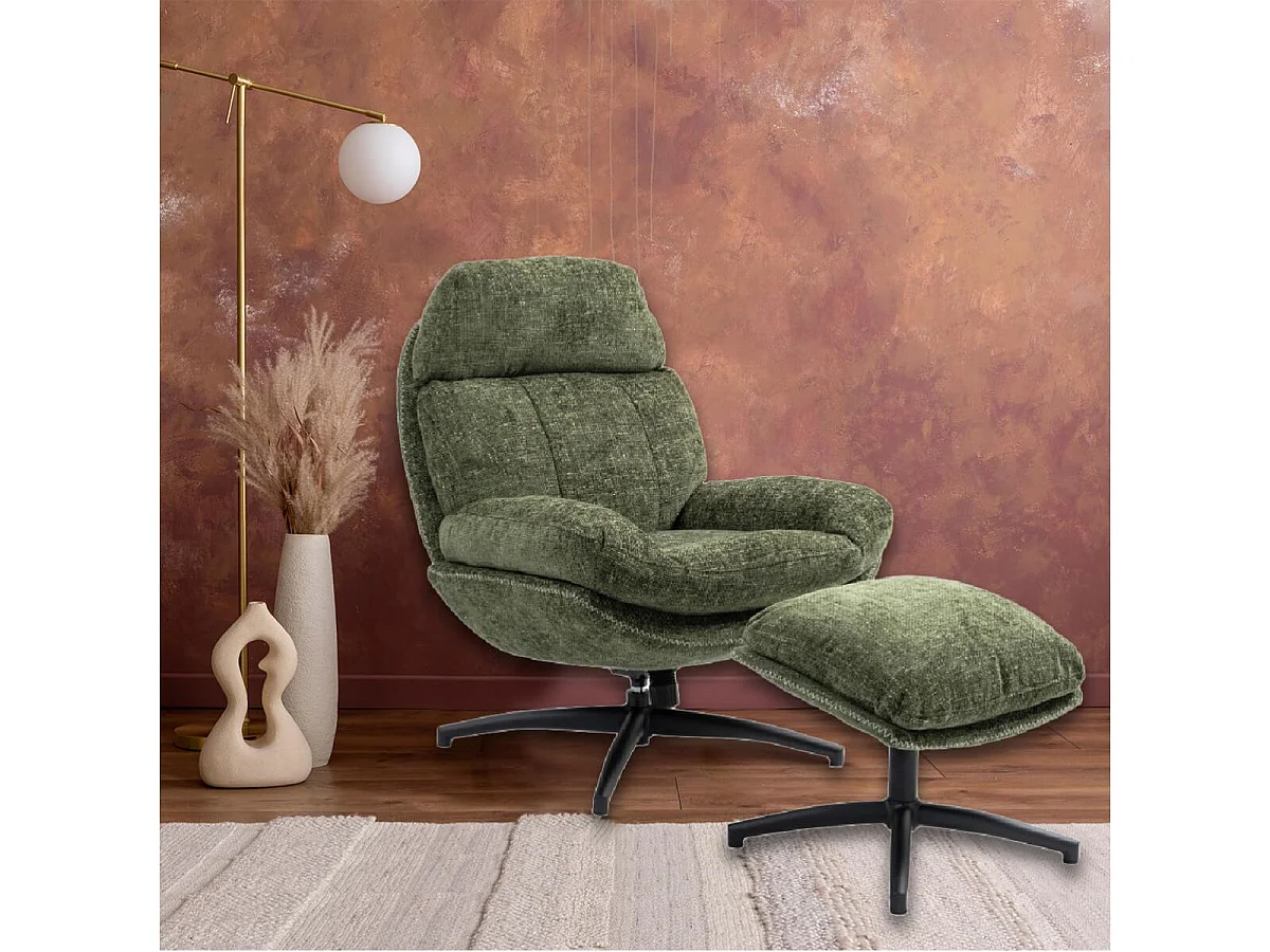 LOAM - Fauteuil Pivotant Inclinaison Réglable avec Repose Pieds Tissu Vert