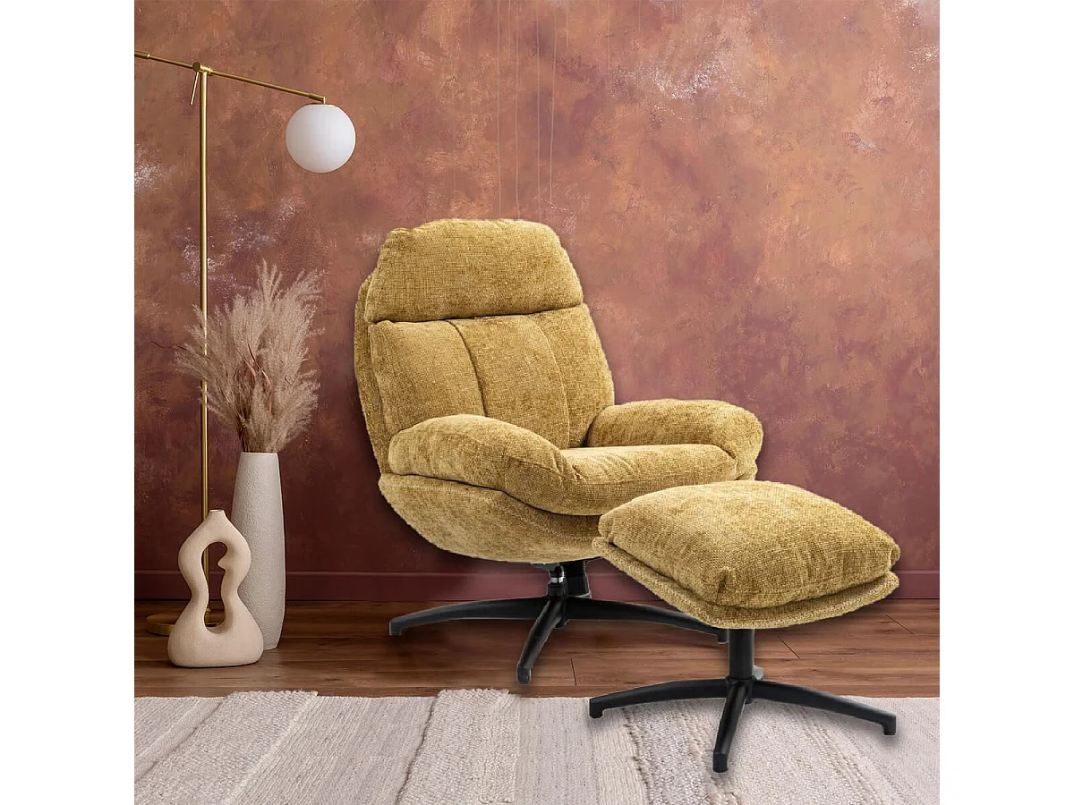LOAM - Fauteuil Pivotant Inclinaison Réglable avec Repose Pieds Tissu Jaune