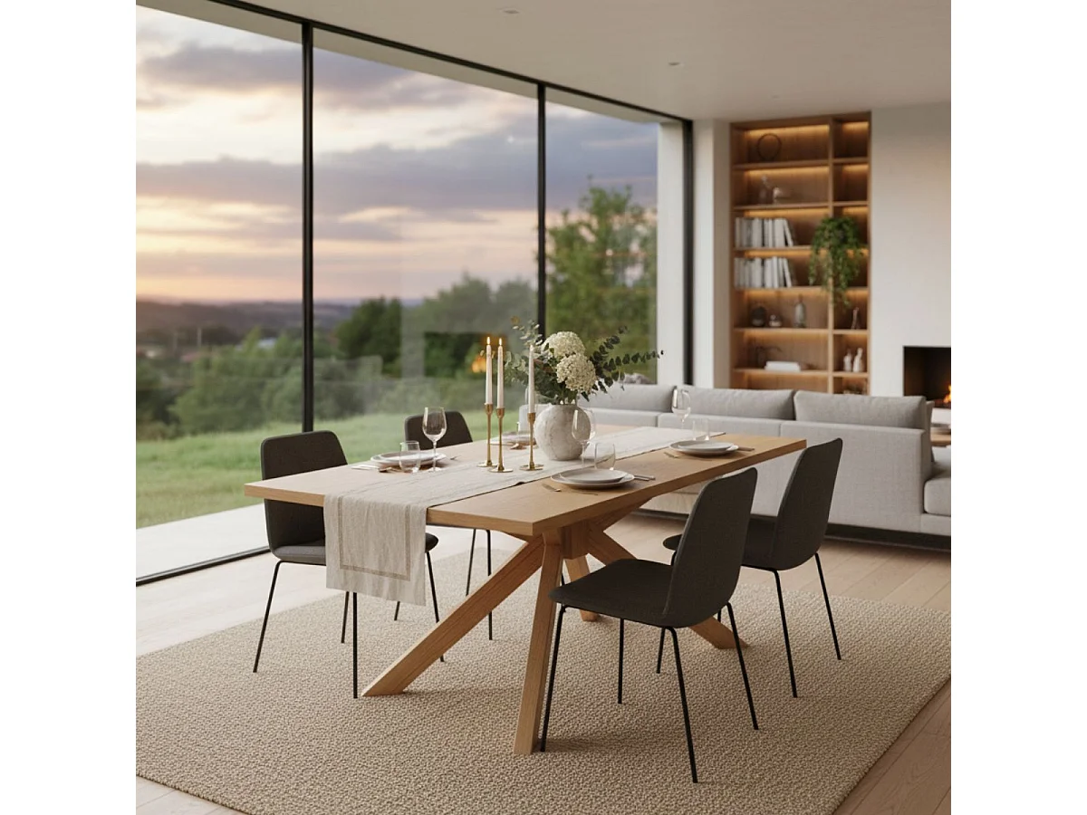 GISELE - Table repas 180cm Plaquage Chêne rustique Piètement étoile Chêne Massif