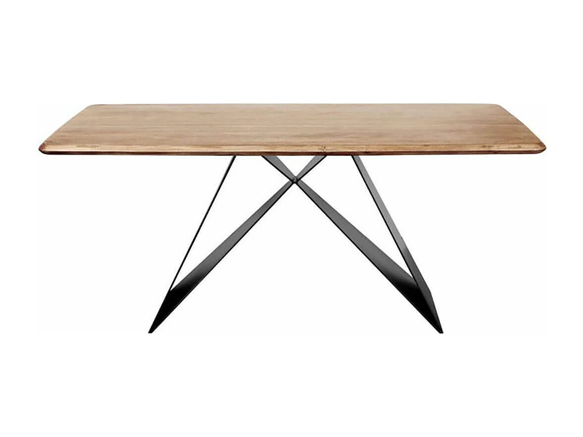 MYLONIS - Table Repas 170cm Plateau en Acacia Massif Pieds Métal Noir Forme Papillon