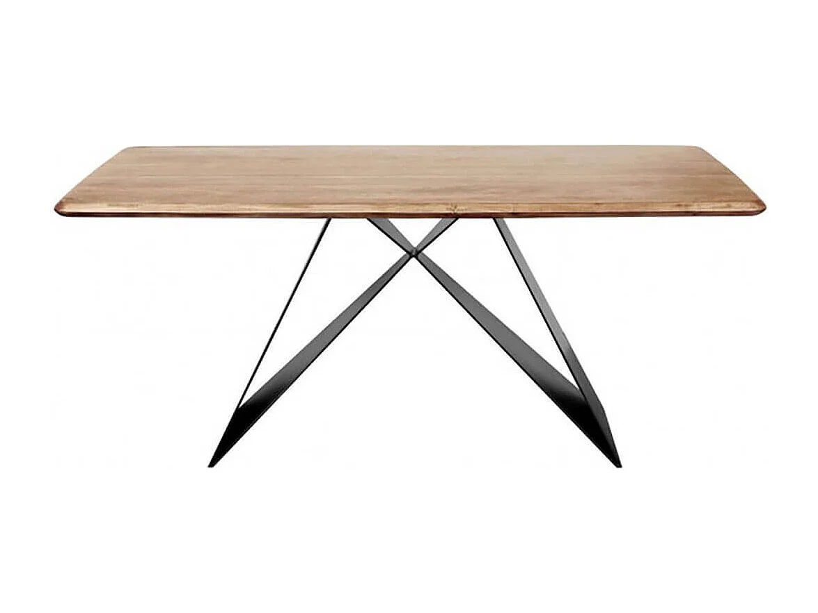 MYLONIS - Table Repas 170cm Plateau en Acacia Massif Pieds Métal Noir Forme Papillon