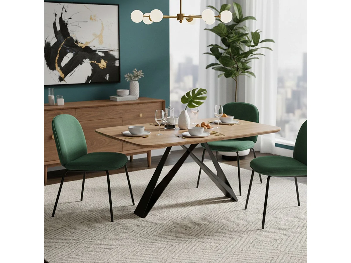 MYLONIS - Table Repas 170cm Plateau en Acacia Massif Pieds Métal Noir Forme Papillon
