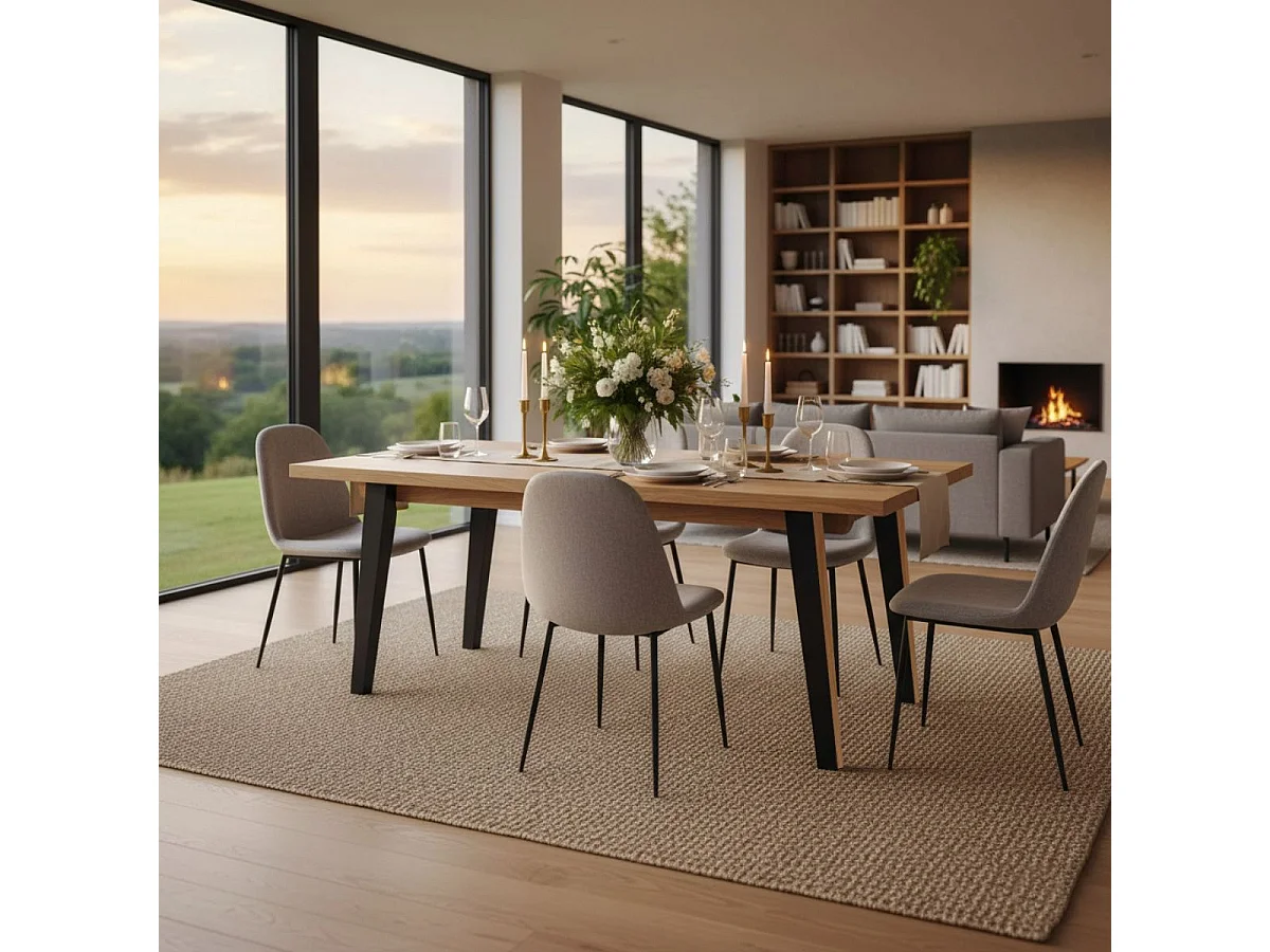 BATTISTA - Table repas 180cm Plaquage Chêne rustique Pieds en Métal noir et Plaqué Chêne