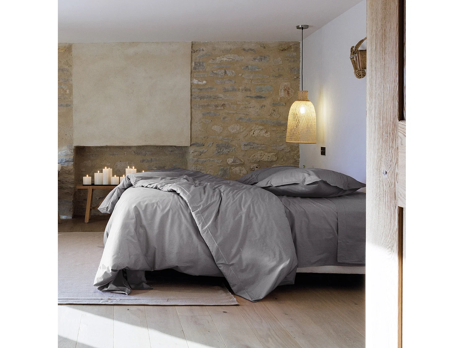 Parure de lit 200x200 cm set 50x70 cm percale MANOIR gris Ardoise
