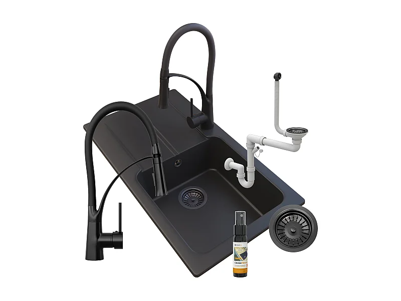 ÉVIER NOIR EN GRANIT TASOS + MITIGEUR NEXO + SIPHON