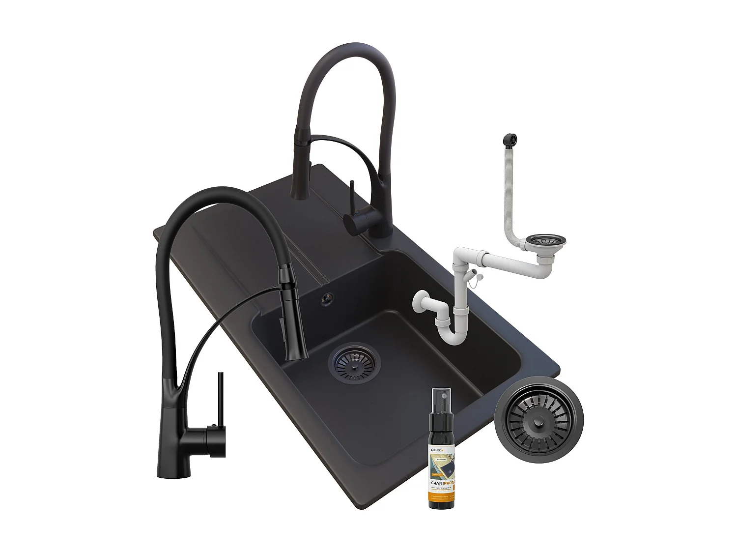 ÉVIER NOIR EN GRANIT TASOS + MITIGEUR NEXO + SIPHON